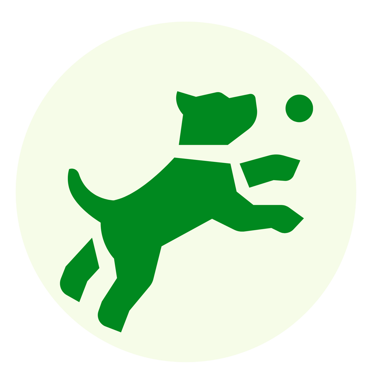 Green silhouette of a dog chasing a ball on a light green circle