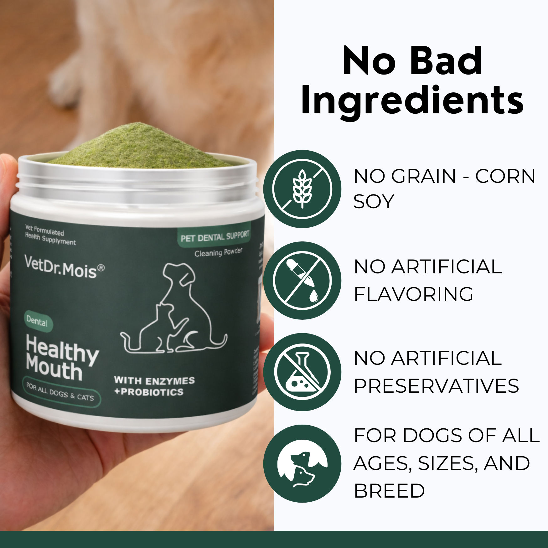 Dog Teeth Cleaning Powder, Dog Dental Powder and Cats Breath Freshener, Plaque Off Pet Tooth Cleaning lab co, Bad Breath & Tartar Remover for Dogs, Dog Teeth Cleaning with Enzymes 120 Day Supply, 120g