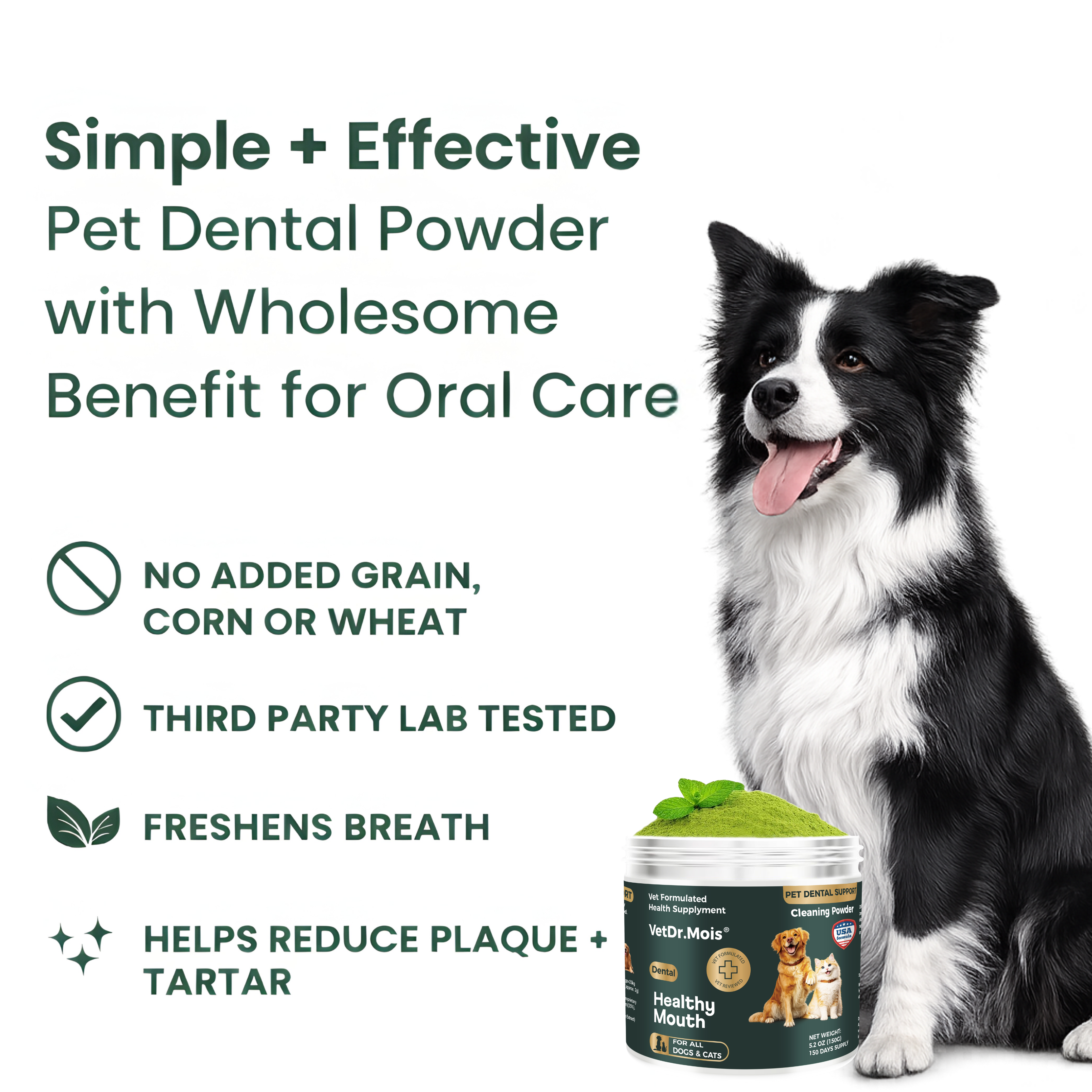 Dog Teeth Cleaning Powder for Dogs & Cats, Dental Powder for Plaque & Tartar Control, Fresh Breath Oral Care, No Brushing Needed, 150g