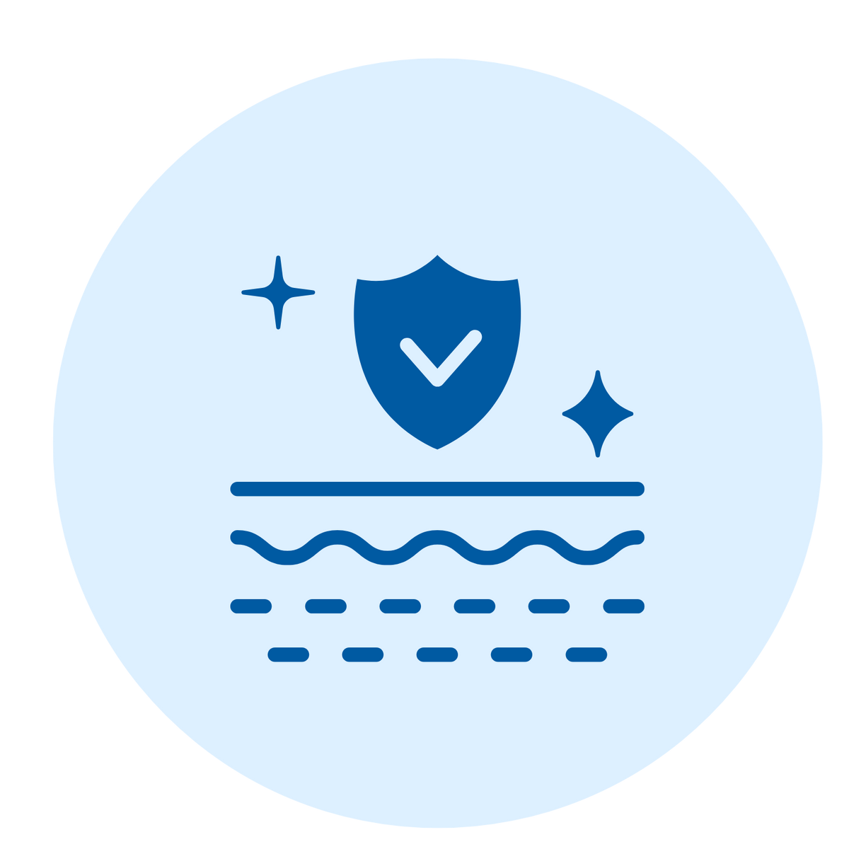 Blue icon of a shield with a check mark above water on a light blue circle