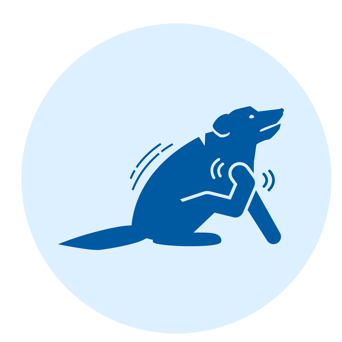 Blue icon of a dog with a bone on a light blue circle background
